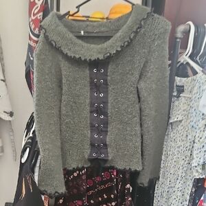 Women's Green Sweater with Lace-Up Detail